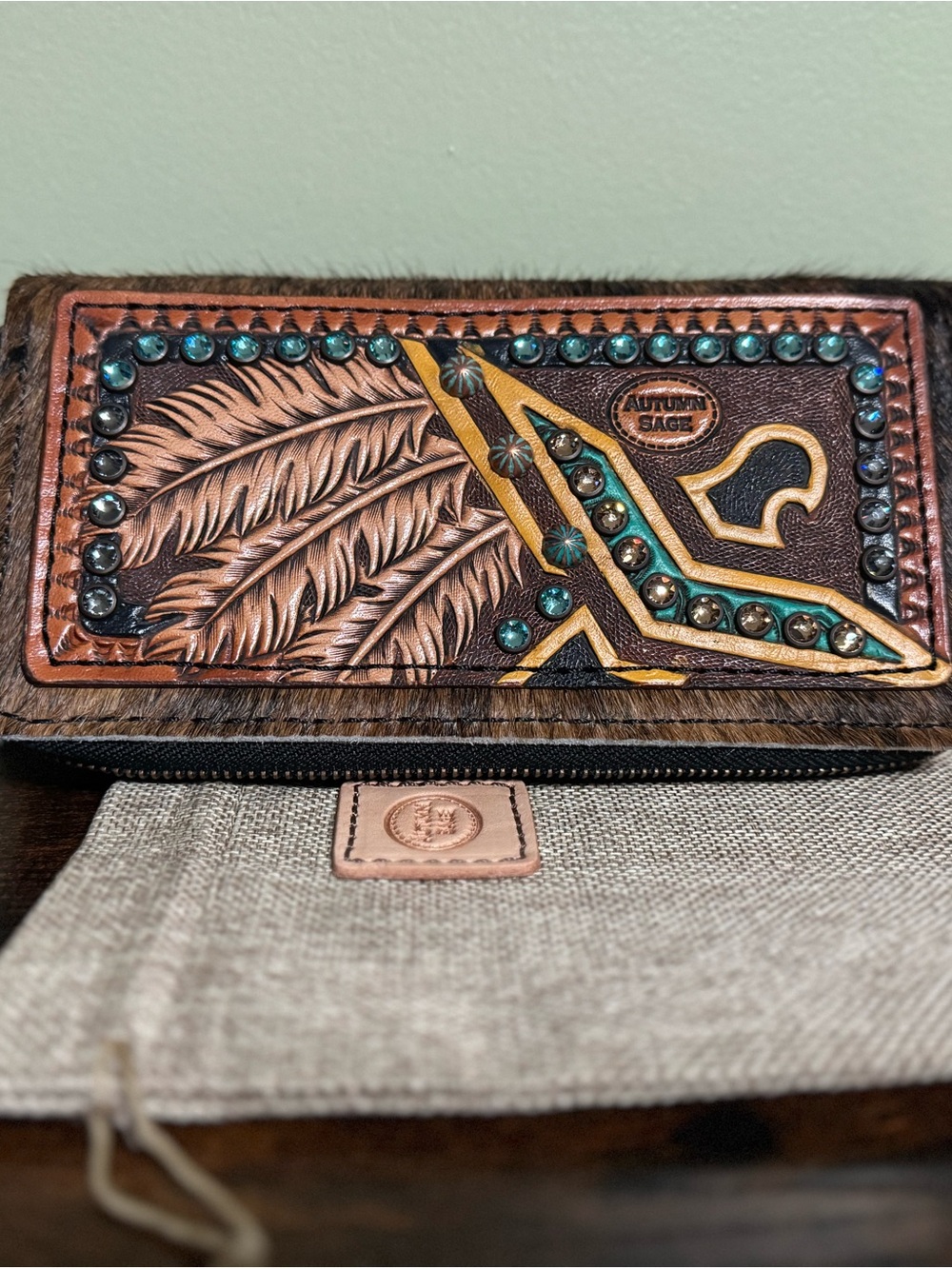 Autumn Sage hand carved Wallet with Teal Stud Accents